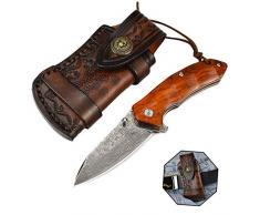 AUBEY Damaststahl Klappmesser Holzgriff, VG10 Damast Messer EDC Taschenmesser Sandelholz, Damastklinge Damastmesser Outdoor Pocket Flip Knife, 7,5 cm Klinge