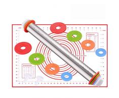 KATELUO Edelstahl Nudelholz mit Silikon Messmarkierung Matte, 4 Abnehmbare Ringe für Pizza Cookie Kuchen Brot Pie Crust Pastry Dough