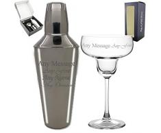Cocktail-Shaker-Set, personalisierbar, mit Gravur und Margarita-Glas, ideales Geschenk für jeden Cocktail-Liebhaber, ideal für jeden Anlass, 5-teilig