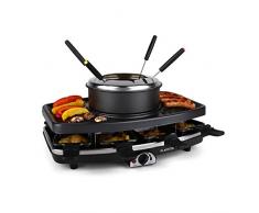 Klarstein Entrecote Raclette - Fondue, Tischgrill, Partygrill, 1100 Watt, 8 Pfännchen, Antihaftbeschichtung, 1 x Fondue Topf, inkl. 6 Fonduegabeln, 1 x Natursteinplatte, schwarz-silber