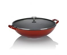 Kela 11947 Wok mit feuerfestem Deckel, Gusseisen, Emaille-Beschichtung, Hohe Wärmespeicherung, Induktionsgeeignet, Ø 36 cm, 4 L, Rot, Calido