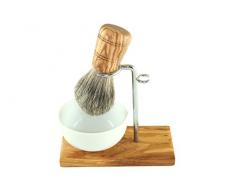 D.O.M. Rasierpinselset 3teilig aus Olivenholz mit Porzellanschale rund Ø 8,5 cm + Rasiererhalter