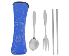 Dgtrhted Beweglicher Edelstahl-Löffel-Gabel-ESS-Stäbchen mit Aufbewahrungstasche Camping Geschirr Set (blau)