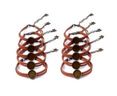 12 Stück Armband Lünette Einstellungen, Lederarmband mit blankem Cabochon Lünette Tablett Verstellbares Seil Armband für Damen Herren Foto Basteln DIY Schmuck Herstellung Braun