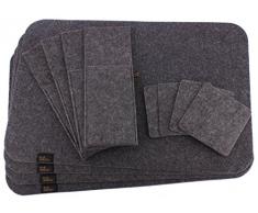 Edles Filz Platzset für 4 Personen, 12-tlg. in dunkelgrau. Tischset inkl. Platzmatten, Glasuntersetzer und Bestecktaschen, waschbar, Moderne Filz Tischmatten oder Tischunterlagen und Untersetzer als tolles Accessoire für Ihr Esszimmer.