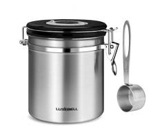 Luxebell Kaffeedose Edelstahldose Aromaverschluss für 500g / 1,2 Liter Kaffeebohnen, Tee, Kakao, Müsli, Nudeln, Haferflocken usw. Silber mit kostenlosem Edelstahl Löffel