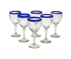 NOVICA Artisan Weinkelch aus recyceltem Glas, handgeblasen mit blauem Rand, 284 ml, Acapulco (6 Stück)