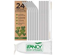 iFancy 24 Strohhalme aus Edelstahl in Silber + 2 Reinigungsbürsten aus Wolle - Eco Trinkhalm Set Umweltfreundlich Nachhaltig Plastikfrei