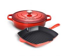 ProCook - Kochgeschirr Set aus Gusseisen - induktionsgeeignet - emailliert - Bräter - Grillpfanne - Schmortopf - 2-teiliges Set -