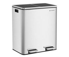 SONGMICS Mülleimer, Mülltrennsystem, mit 2 Inneneimern aus Kunststoff, 2 x 30 L Treteimer, Abfalleimer mit Fußpedal, aus fingerabdruckfreiem Edelstahl, mit Handgriffen LTB60NL