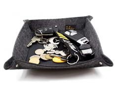 Filz Hosentaschendepot in dunkelgrau mit Echt-Leder-Boden, Taschenleerer, Ablageschale, Servierschale, Schlüsselablage, ideal für Schmuck, Kosmetik, Kleingeld, Aufbewahrungskorb, Filzbox in 20x20cm