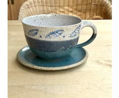 Cappuccinotasse,Milchkaffeetasse,300ml,mit Unterteller,grünblau,handgemacht,getöpfert