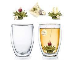 Creano doppelwandiges Thermoglas 250ml „DG-Hoch“, 2er Set + 2 Teeblumen Erblühteelini Weißer Tee im Tassenformat