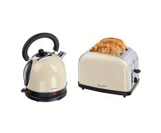 Frühstücks-Set 2 tlg Edelstahl 2-Schlitz-Toaster Wasserkocher 1,8 Liter im Vintage-Design (Teekessel, Retro, 50er Jahre-Stil, Kabellos, Kalkfilter, Beige)