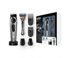 Braun Barttrimmer und Haarschneider BT7040, 39 Längeneinstellungen, Edelstahl-Trimmerkopf, Präzisionstrimmer und Präzisionsscherkopf, mit Gillette Rasierer und Ladestation, schwarz/grau