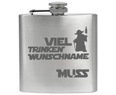 Flachmann mit Gravur Edelstahl Viel Trinken Yoda Muss Geschenk Für Star Wars Fans Geschmacksneutral Rostfrei, Größe 6 oz 177 ml, Farbe Silber