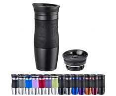 WELLGRO Thermobecher 400 ml + 1 Extradeckel - Edelstahl rostfrei - Silikon Soft-Touch Griffstück - BPA-frei - Isolierbecher doppelwandig - Travel Mug - Kaffeebecher to go, Farbe:Schwarz Matt