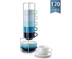 Sweese 405.003 6-teilig Stapelbare Espressotassen Set aus Porzellan, Kaffeetassen mit Untertasse und Metall Ständer, Blaue Serie, 120 ml