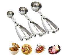 SZRWD Eisportionierer, Eislöffel Edelstahl Poliert, 3 Stück Kekse Schaufel, Eisportionier mit Auslöser für Eiskugel, Reis, Melonenkugeln, Keksteig, spülmaschinengeeignet, 6.3CM 5CM 4CM