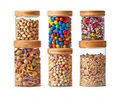 EZOWare 6er Set Glas Vorratsdosen, Vorratsgläser Lebensmittel Lagerung Behälter mit Bambus Aluminium Deckel for für Küche, Bad - Gemischt