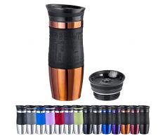 WELLGRO Thermobecher 400 ml + 1 Extradeckel - Edelstahl rostfrei - Silikon Soft-Touch Griffstück - BPA-frei - Isolierbecher doppelwandig - Travel Mug - Kaffeebecher to go, Farbe:Kupfer Metallic