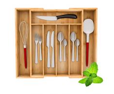 Besteckkasten Besteckeinsatz Schubladeneinsatz Besteck Aufbewahrung Box Halter größenverstellbar 6.4 x 40.5 x 32.5-46 cm(HLB) Organizer für Küche Büro Arbeitszimmer Schubladen aus Bambus Natur