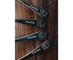 Kinderbesteck mit Namensgravur / Motiv TEDDY Bärchen / 4-teilig (alle 4 mit Name graviert) / aus Edelstahl / Gravur in ansprechender Schrift