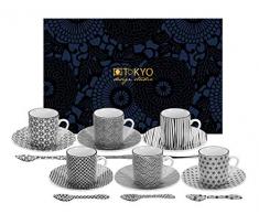 TOKYO design studio Nippon Black Espresso-Set schwarz-weiß, 18-TLG, 6X Espresso-Tassen mit Untertassen und Löffeln, asiatisches Porzellan, Japanisches Design, inkl. Geschenk-Verpackung