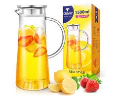 CNNIK Wasserkaraffe, 1.5L Wasserkrug Glaskaraffe Borosilikatglas Krug Edelstahl Deckel mit Sieb für Heiß/Kaltsaft EIS Getränke Tee, Milch, Kaffee und Rotwein