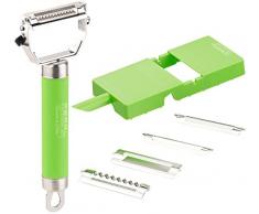 Rosenstein & Söhne Profi Schäler: 5in1-Profi-Sparschäler, Edelstahl, 5 Pendelklingen & Gemüsehobel-Brett (Julienneschneider)