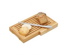 Relaxdays Brotschneidebrett, praktisches Brotbrett mit Messer aus Edelstahl, Krümelrost, Bambus, HBT 4x40x24 cm, natur