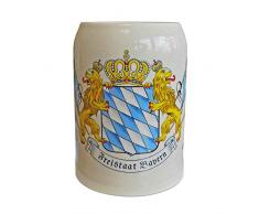 Geschenkbox Steinkrug Bierkrug Bayern mit Fahne und Löwen, Steingut, grau-beige, 0,5l Füllmenge