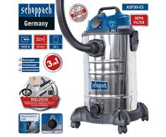 Scheppach Nass Trockensauger ASP30-ES (1400 W, 200 mbar, 30 L, HEPA-Filter, 7,5m Arbeitsradius, Geräte-Steckdose, Kombidüse für Teppich/Glattboden, Fugendüse, umfangreiches Zubehörset)