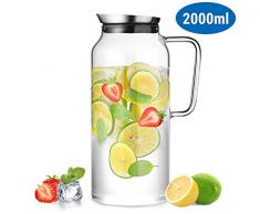 ecooe Glaskaraffe 2000ml (Volle Kapazitat) Glaskrug aus Borosilikatglas Wasserkrug mit Edelstahl Deckel Karaffe Glaskanne