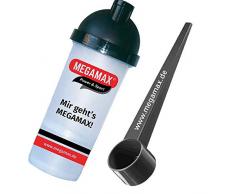 MEGAMAX Eiweiß shaker mit Pulverfach , Sieb - schwarz + Messlöffel schwarz 25 ml | Mixbecher für Proteinpulver | Dosierlöffel