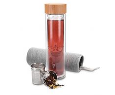 Navaris Teeflasche aus Glas mit Sieb - 500ml Tee Flasche Teekanne to go - Trinkflasche Boot Design - doppelwandig aus Borosilikatglas mit Hülle in Grau