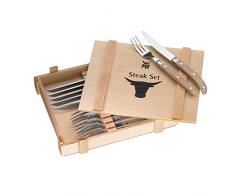 WMF Ranch Steakbesteck 12-teilig, für 6 Personen, Steakgabel, Steakmesser, Spezialklingenstahl geschmiedet, Cromargan Edelstahl mattiert, Eichenholz geölt