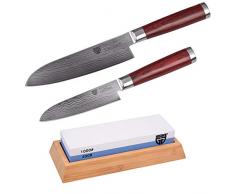 GRÄWE Santokumesser Messerset - 2er Pack, Damastmesser mit Holzgriff, 12 cm & 17 cm Klinge im Set inkl. Wetzstein 400/1000