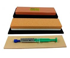 Schärf-Set für Messer/Abziehstein Korund + MissArkaUltra + Leder + Feinschleifpaste, mit rutschfesten Unterlagen