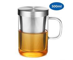 ecooe Glas Tasse mit Edelstahl sieb und Deckel Teeglas Teebecher aus Borosilikat Teetasse 500ml (Volle Kapazität)