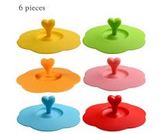 Limeow Silikondeckel Silikon Blume Tasse Deckel Silikon Glas Becherhalter Set Silikondeckel Kaffee Silikon Getränk Cup Deckel mit Herz Form Löffel Halter für Tassen Abdeckungen 6 Stück Farbmischung