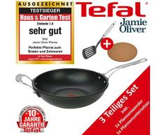Tefal B35705 Jamie Oliver Wokpfanne 3 TLG Wok Pfanne 30 cm Induktionsgeeignet Antihaftbeschichtet mit Stiel u. Griff Teflon inkl. Pfannenwender + Untersetzer im Set Testsieger Wok Pfanne