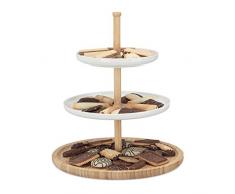 Relaxdays Etagere Bambus und Keramik, 3-stöckig, Servierplatte, DxH: 30 x 36 cm für Kekse, Obst, Knabberzeug, natur-weiß