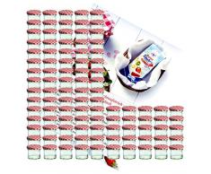MamboCat 100er Set Sturzglas 125 ml Marmeladenglas Einmachglas Einweckglas to 66 rot Karierter Deckel incl. Diamant-Zucker Gelierzauber Rezeptheft