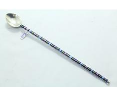 Rajasthan Gems dunkelblau Emaille Arbeit 925 Sterling Silber Löffel mit Stroh 20,3 cm 22.07 Gramm