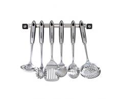 Edelstahl Küchenhelfer-Set 6-teilig Kochbesteck mit Wandleiste (Wandhalterung, Suppenkelle, Schöpfkelle, Bratenwender, Pfannenwender, Schaumlöffel, Kochlöffel, Spaghettilöffel)
