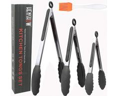 HENSHOW Zange Küche Set 3, 7, 9” und 12 Premium Edelstahl Grill Zange, Antihaft- und Hitzebeständiger Griff, Grillzange Silikon zum Kochen, Servieren, Grillen, Buffet, Salat, Eis Ofen