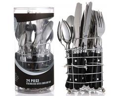 Besteck Set - Besteckset 6 Person Schwarz mit Besteckkorb | 24 teilig | Edelstahl - Spülmaschinenfest | Essbesteck mit Ständer