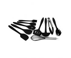 10 Stück Küchenutensilien Silikon BPA frei Set Enthält 2xSchaber Kochlöffel Suppenkelle Pfannenwender Spaghettikelle Servierlöffel Schneebesen Grillzange Silikon Pinsel (10 Stück Schwarz)