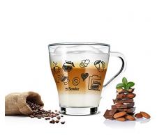 Sendez 6 Cappuccino Tassen und 6 Löffel Kaffeegläser Teegläser Kaffee-Aufdruck schwarz